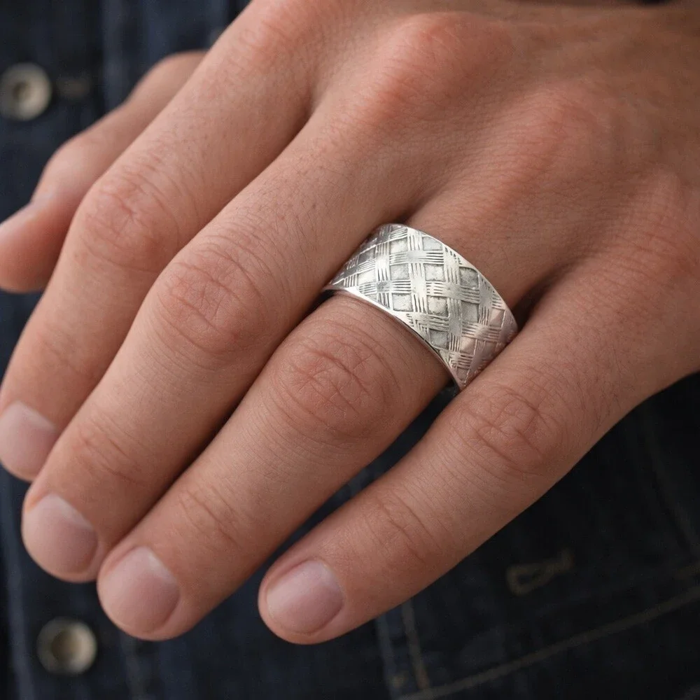 Men’s Wide Sterling Silver Plaid Textured Open Cuff Ring Cigar Band